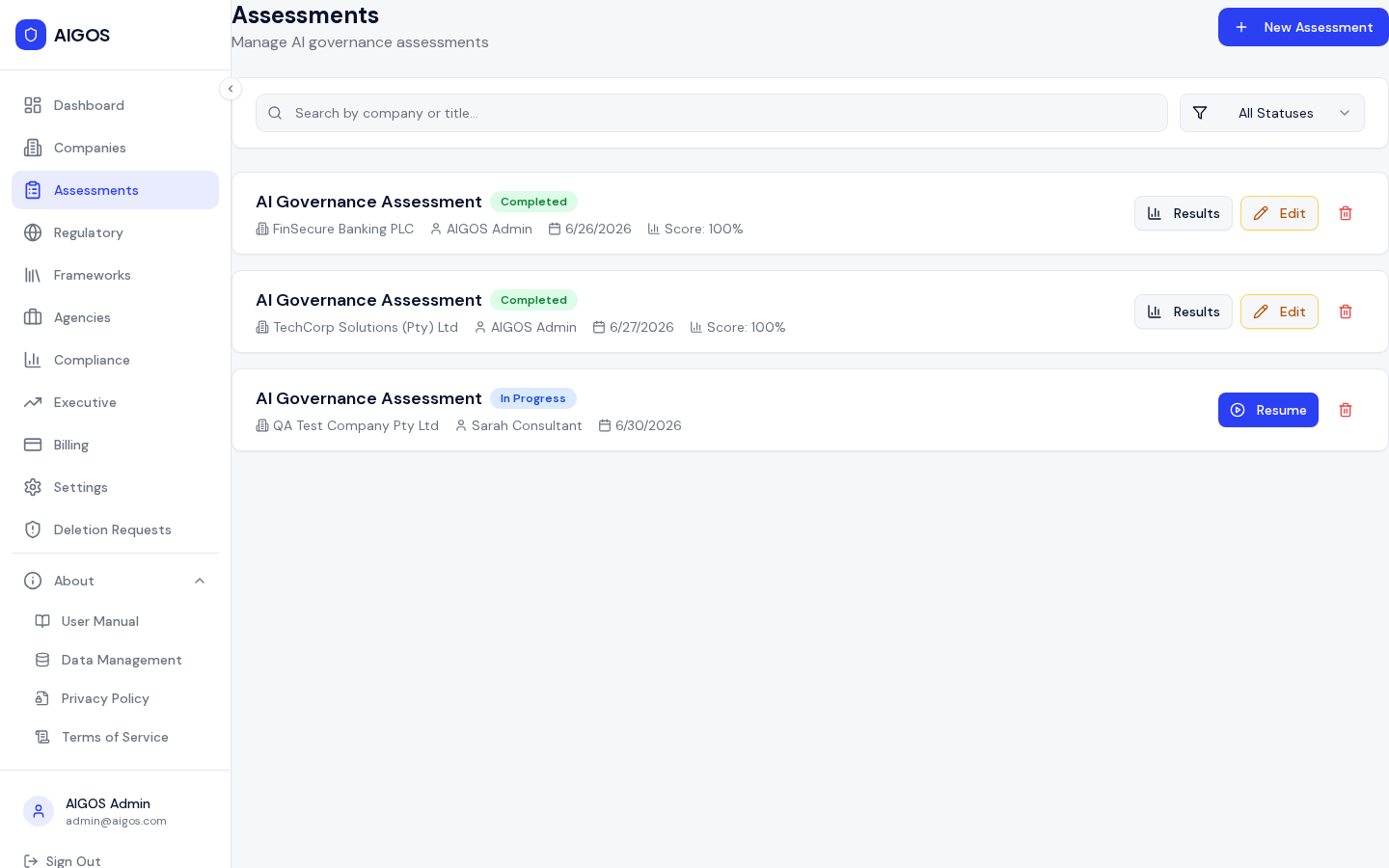 AnzenBaltic assessment engine listing AI governance assessments with status tracking