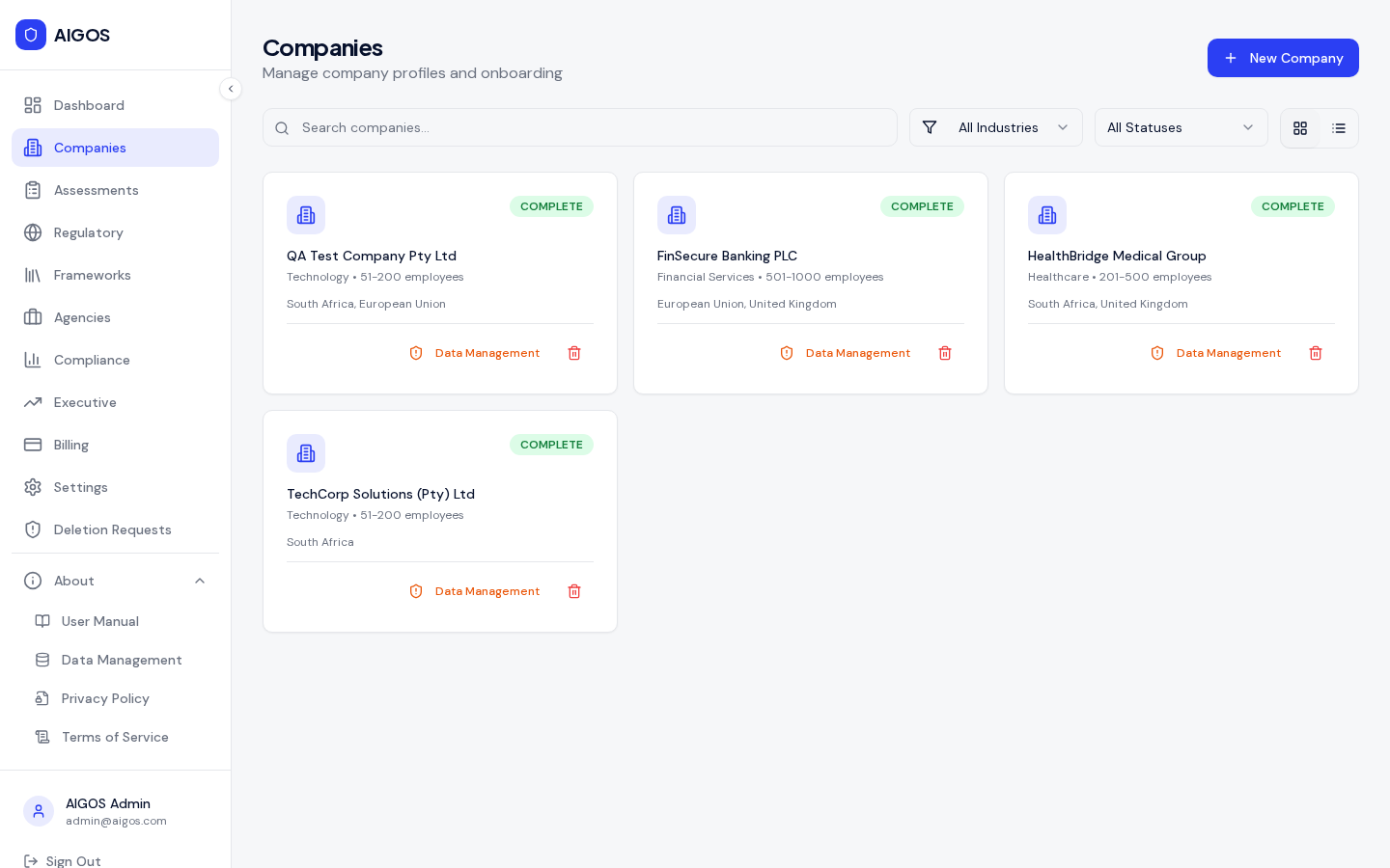 AnzenBaltic company management dashboard showing client portfolio with status tracking