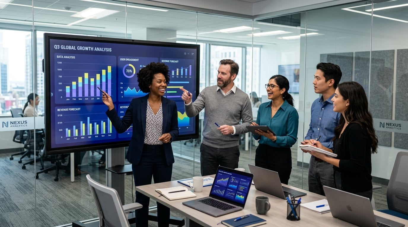 Consulting agency team collaborating on AI governance strategy in modern office