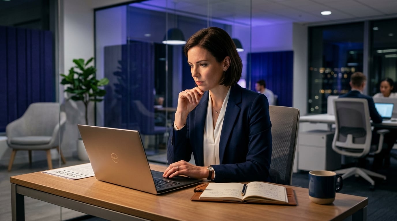 Independent consultant reviewing AI governance compliance documents on laptop