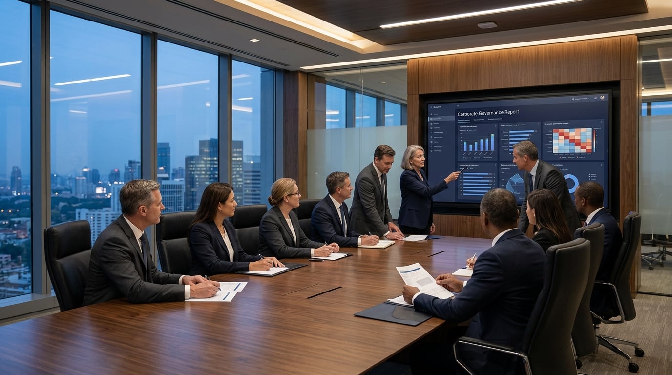Enterprise executives reviewing AI governance strategy in corporate boardroom