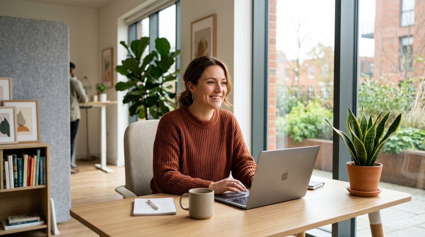 Small business owner confidently managing AI compliance on laptop